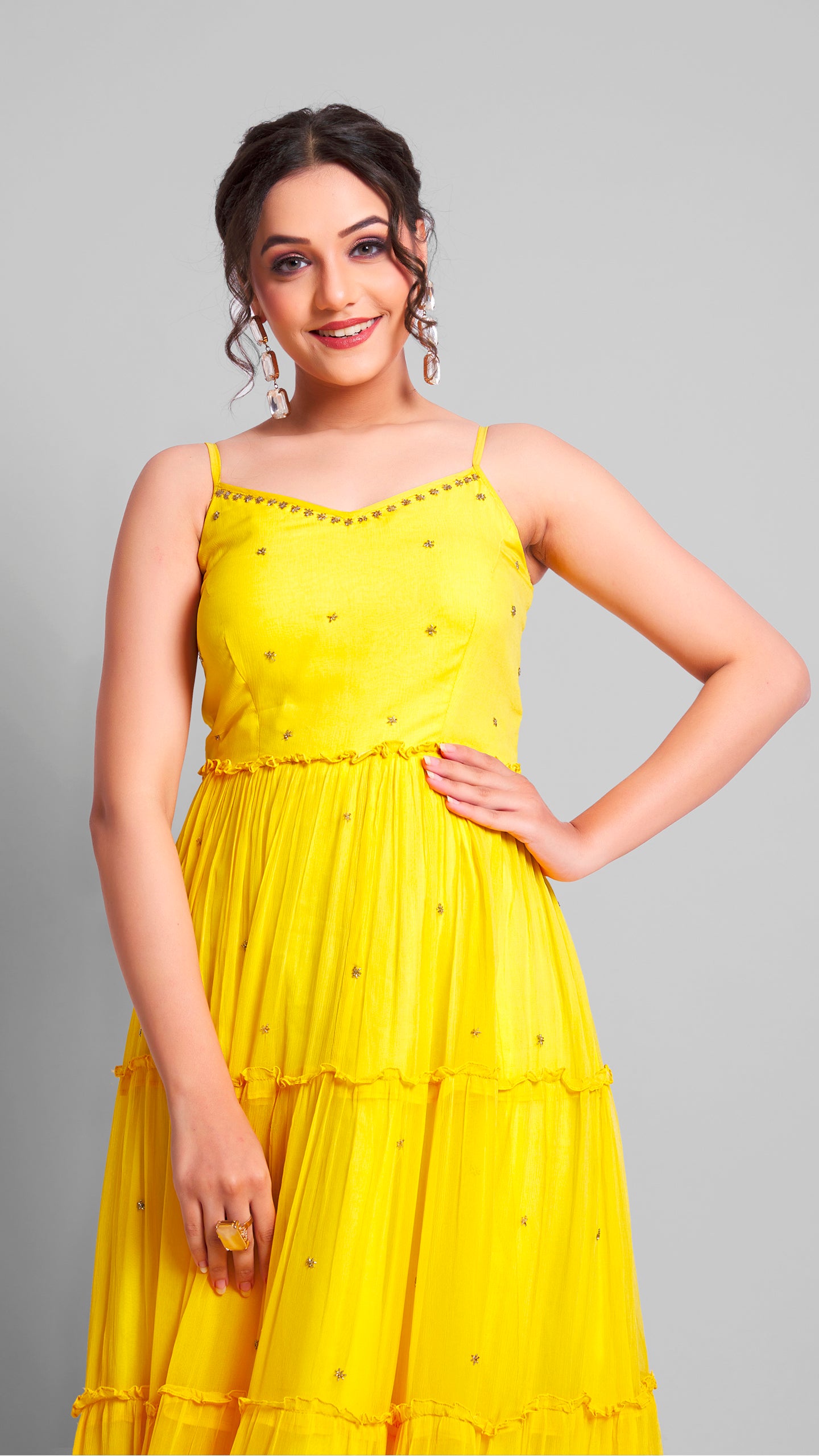 Yellow Spaghetti Strap Designer Dress