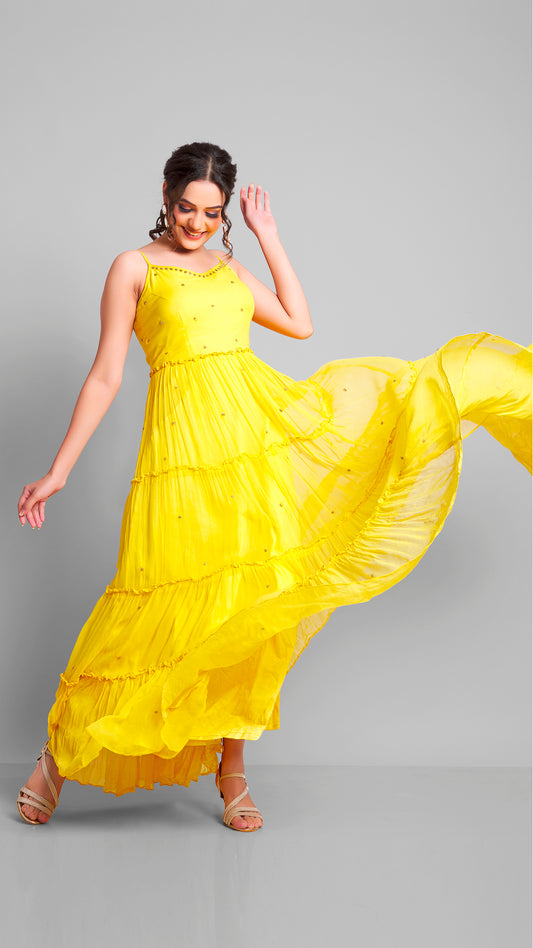 Yellow Spaghetti Strap Designer Dress